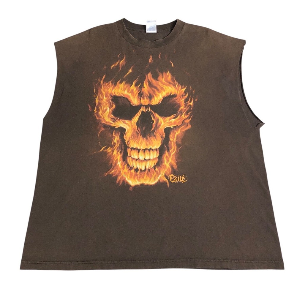 Vintage Y2K Exile Skull Muscle Shirt Mens 2XL Brown Faded Graphic‎ Grunge Goth